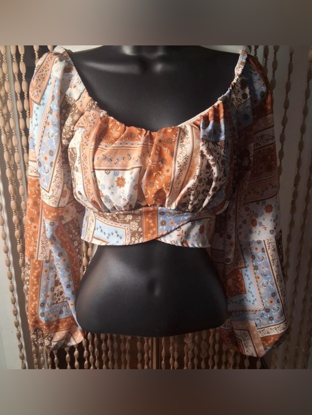 Altar’d State Patchwork Floral Crop Top S Tie Back Puff Sleeve Boho Cottagecore